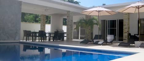 Pool, dinining area, open & roofed terrace, rooms #1 & #2 