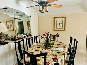 Dining room with built-in cabinets.