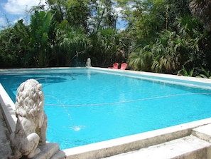 The restored original1920's Goodrich pool, with four lion fountains.