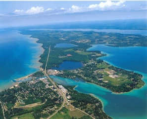Aerial view of Elk Rapids and surrounding area.
