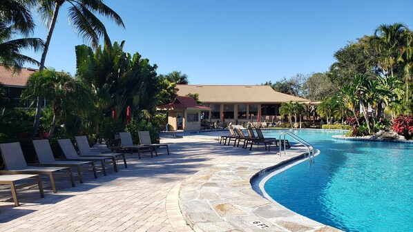 Heated salt water pool with islands and plenty of shade and sun chairs.