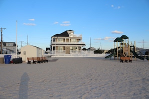 View of our home from the bay beach. Great for kids,sunsets, crabbing & boating!