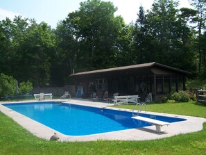 pool, diving board, house