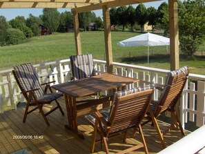 die überdachte Terrasse mit Blick zum See