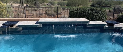 Backyard private pool with golf course and mountain views.