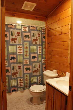 Master bath with cathedral ceiling using local lumber