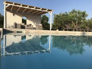 Pool pergola with shower, sink and bbq at the back