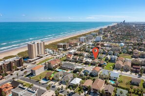 Aerial view of the property. Conveniently located less than a 1/2 block away from the beach!