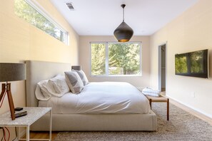 Master suite with king bed, flatscreen TV and walk-in closet.