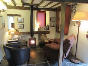 Lounge with woodburner.