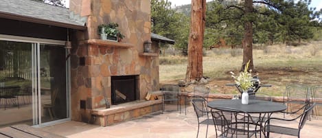 Beautiful flagstone patio with wood burning fireplace