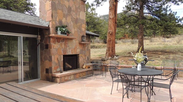 Beautiful flagstone patio with wood burning fireplace