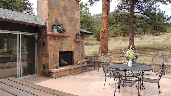 Beautiful flagstone patio with wood burning fireplace