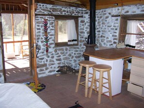 Food storage cabinets, a counter for eating or working at your computer.