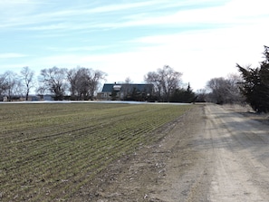 Farmhouse, driveway, and fields 