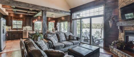 The living room that flows into the kitchen and dining room