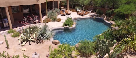 South facing private backyard pool and coveted deck.