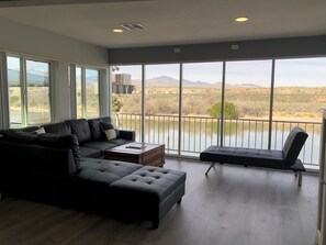 New sectional, chaise, and convenient coffee table--perfect for movie nights. 