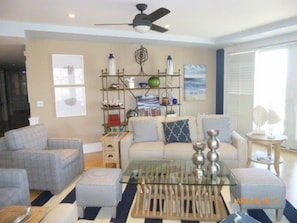 Open Living Room with plenty of light. Ceiling fan. Pull out sleeper