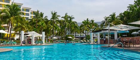 Pool with volleyball net. 