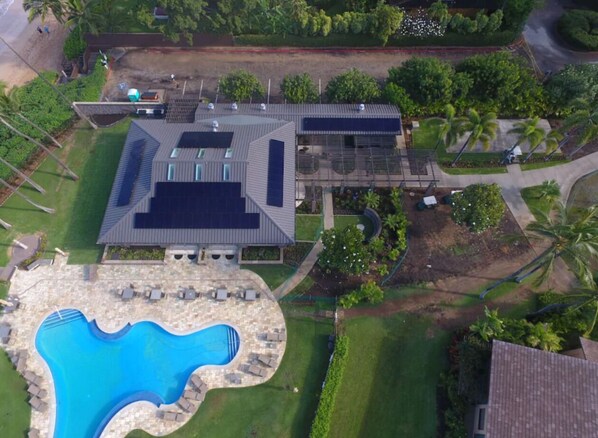 Aerial view of Pavilion and mail Pool next to beach