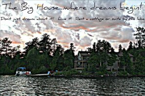 Island lake front picture. Suites are located on the lower floor of the building