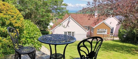 Exmoor Holidays large secure private garden.  Beautiful sea views of Porlock Bay