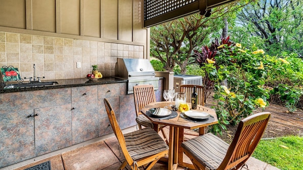 Private Lanai with Outdoor Table, Chairs, and BBQ Grill