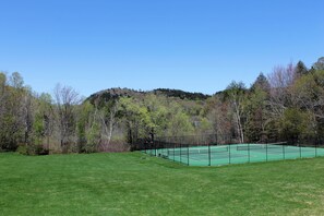 Large central lawn for ball play and mixed use courts for tennis and basketball.