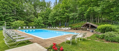 Full sized heated pool provides a relaxing place to cool off.