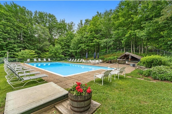 Full sized heated pool provides a relaxing place to cool off.