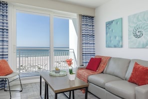 Comfortable living room with queen size sleeper sofa, cable tv & stunning views.