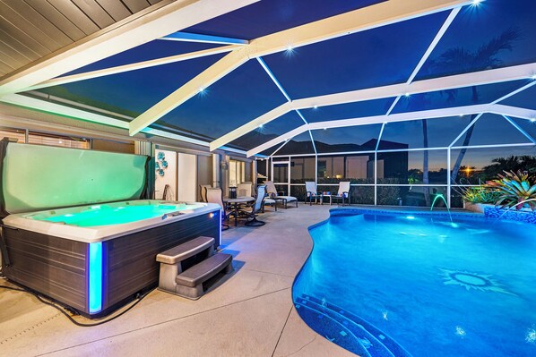 Hot tub and pool with our nebula pro lighting system creates a magical mood AND is energy efficient!