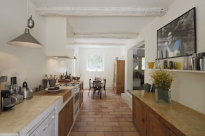 very nice and convivial kitchen, open on 2 terraces and open on the dining room