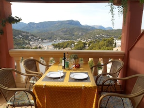 The front terrace with views across Port Soller and the Tramuntana mountains