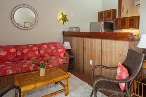 The couch in the living room is also a pullout sofa with a memory foam mattress 