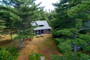 Aerial view of lakeside of cabin