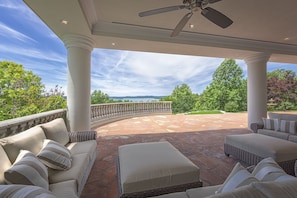 The outdoor seating area overlooking the lake