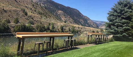 Custom made outdoor seating looking over the Yellowstone River.