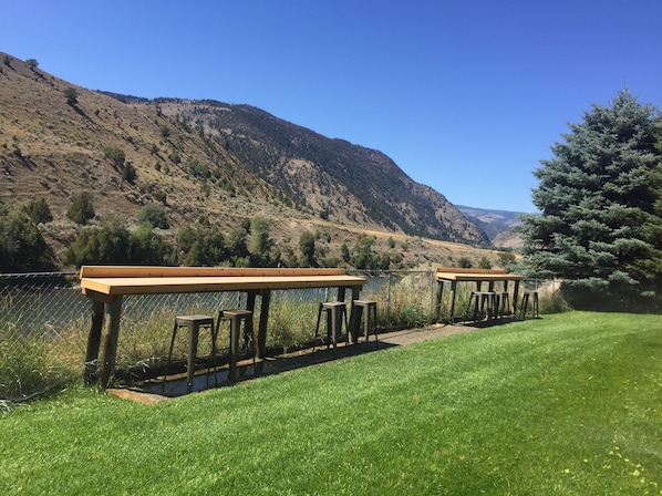 Custom made outdoor seating looking over the Yellowstone River.