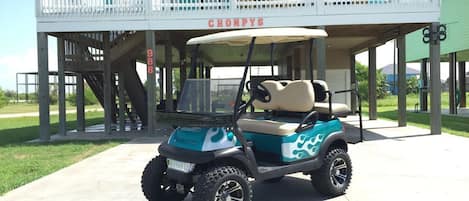 Chompy's in Crystal Beach, TX. Ask about our golf cart rental!