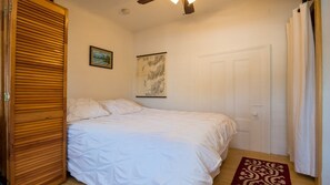 The bedroom can be closed off with louvered doors. Full size washer/dryer