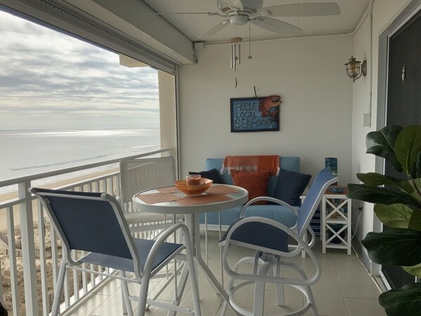 Breathtaking views from this fully furnished balcony right on the beach.