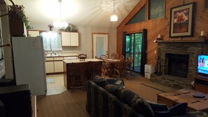 Woodland's Cabin, Living Room into Kitchen with Fireplace