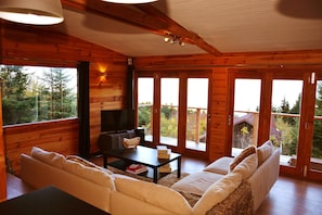 Comfortable lounge with summer folding doors and internet television