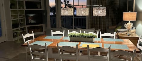 Dinning table with sunrise in background