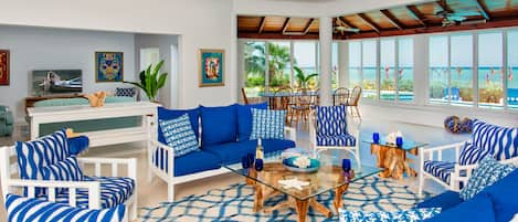 Spacious open living/dining/TV areas fronted by Caribbean Sea