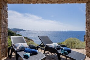 Stunning view from the terrace of this villa for rent in front of the sea.