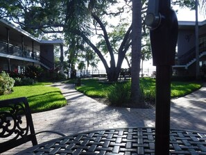 View from community table near the water feature, showcasing the grounds.