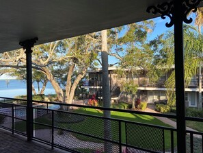 View of courtyard and St. Joseph sound from balcony.